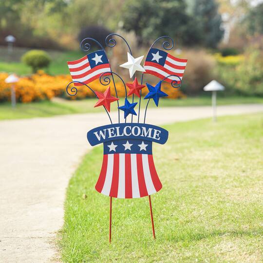 Glitzhome® 30.25" Wood & Metal Patriotic Flags Yard Stake